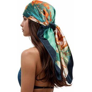 Women's Yellow/Cream Head Scarf Like Silk Printed Square Hair Bandanas 35 Inches